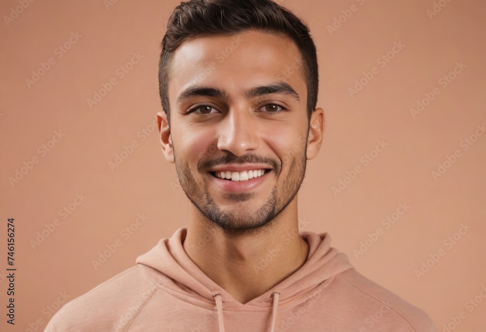 Content young man in a peach hoodie, smiling. The blurred background highlights his cheerful expression. Content young man in a peach hoodie, smiling. The blurred background highlights his cheerful expression.