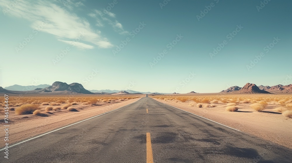 Empty asphalt road in the desert. Long straight asphalt road leading to the desert