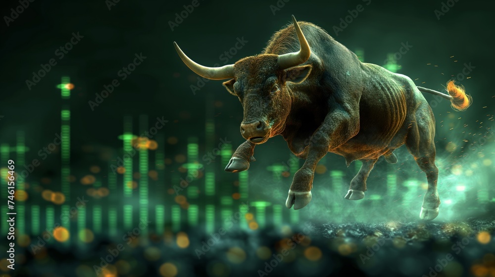 Obraz premium Market Momentum: The Bull's Fiery Leap Over Luminous Economic Peaks