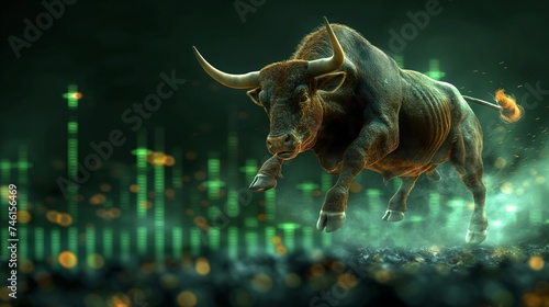 Market Momentum: The Bull's Fiery Leap Over Luminous Economic Peaks