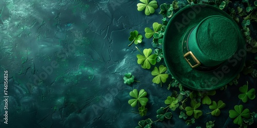 Saint-Patrick's day themed background, predominant green and with a hat and four-leaf clovers, AI-Generated illustration