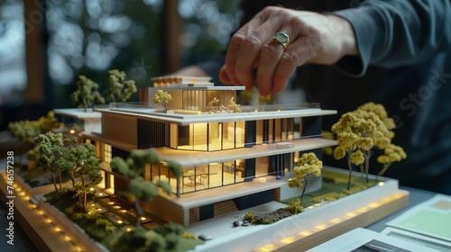 AI-Powered Artistry  Hand Fine-Tuning Intricate Architectural Model of Contemporary Home with Miniature Garden Accents