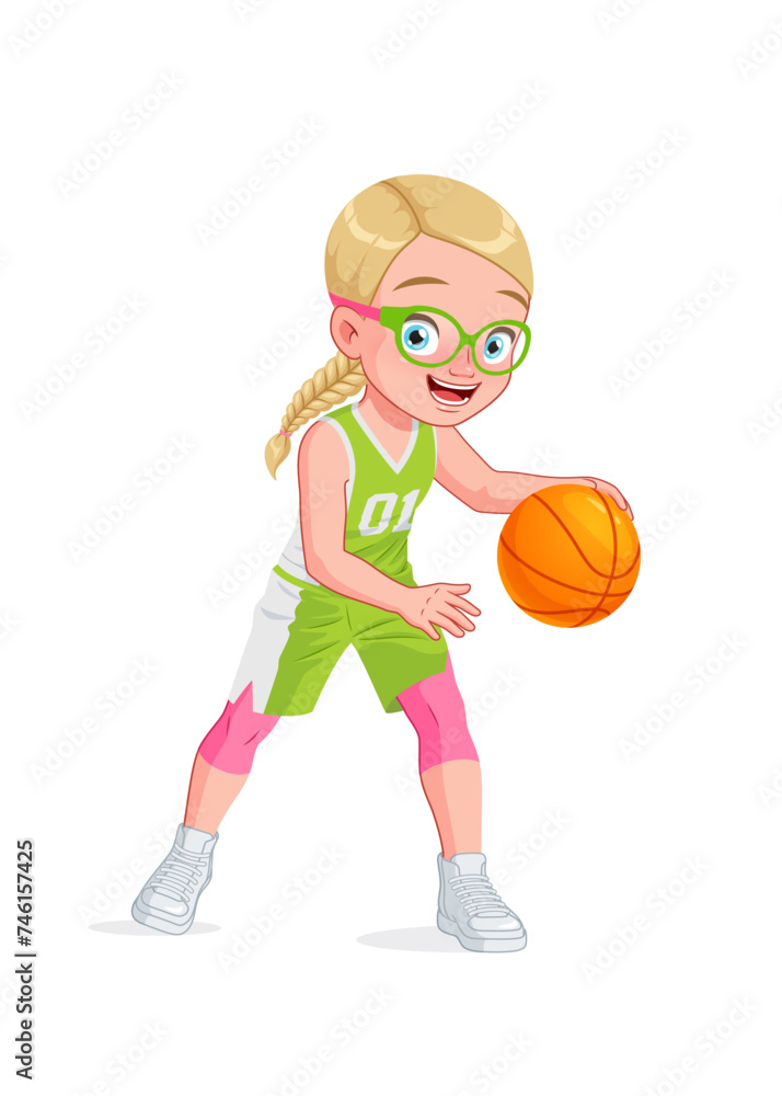 Cute little girl in eyeglasses playing basketball. Cartoon vector illustration. Cute little girl in eyeglasses playing basketball. Cartoon vector illustration.