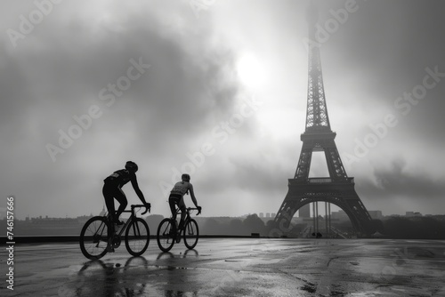 Two cyclists ride before Eiffel Tower's silhouette in fog. © InfiniteStudio