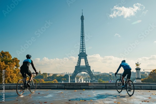 Cyclists with Eiffel Tower in background, sunny day. © InfiniteStudio