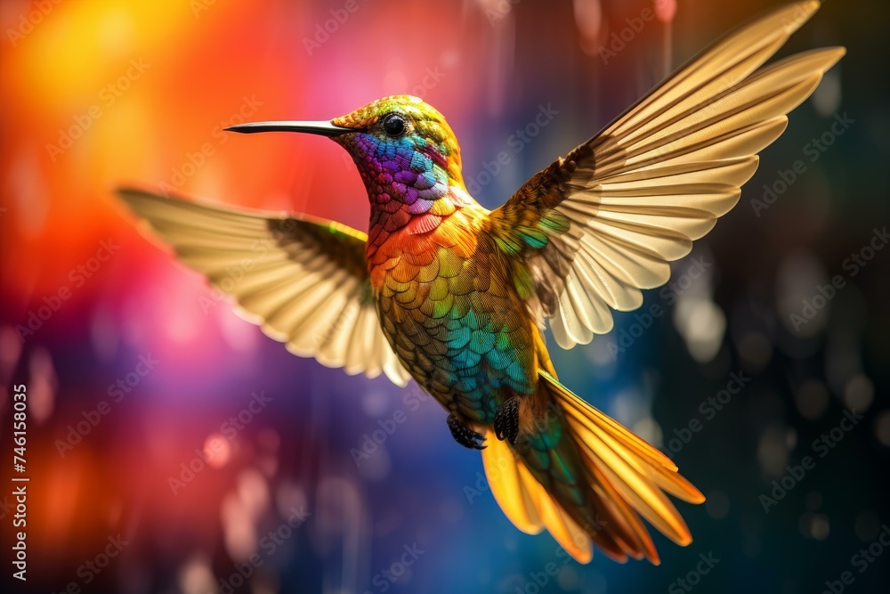 Obraz premium Vibrant Rainbow colorful hummingbird. Mexico green bird. Generate Ai
