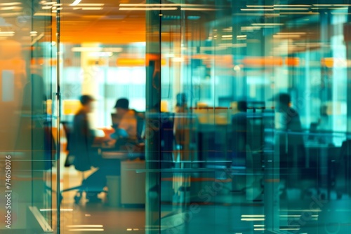 Blurred view of office with employees working through glass wall.