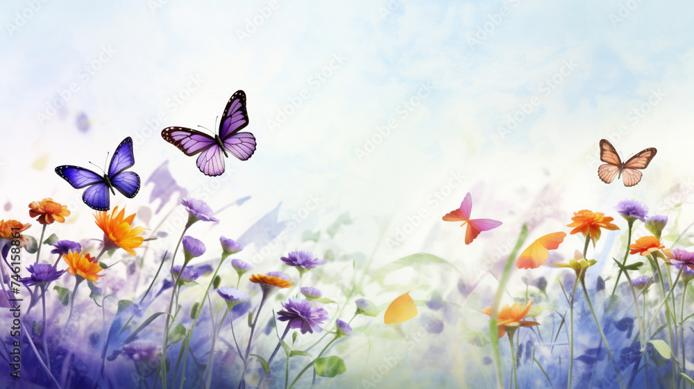 2d abstract water color style group of variants colorful butterfly the flower field. Generative Ai