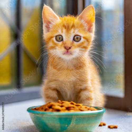 A yellow-colored kitten with dry food in a bowl. 