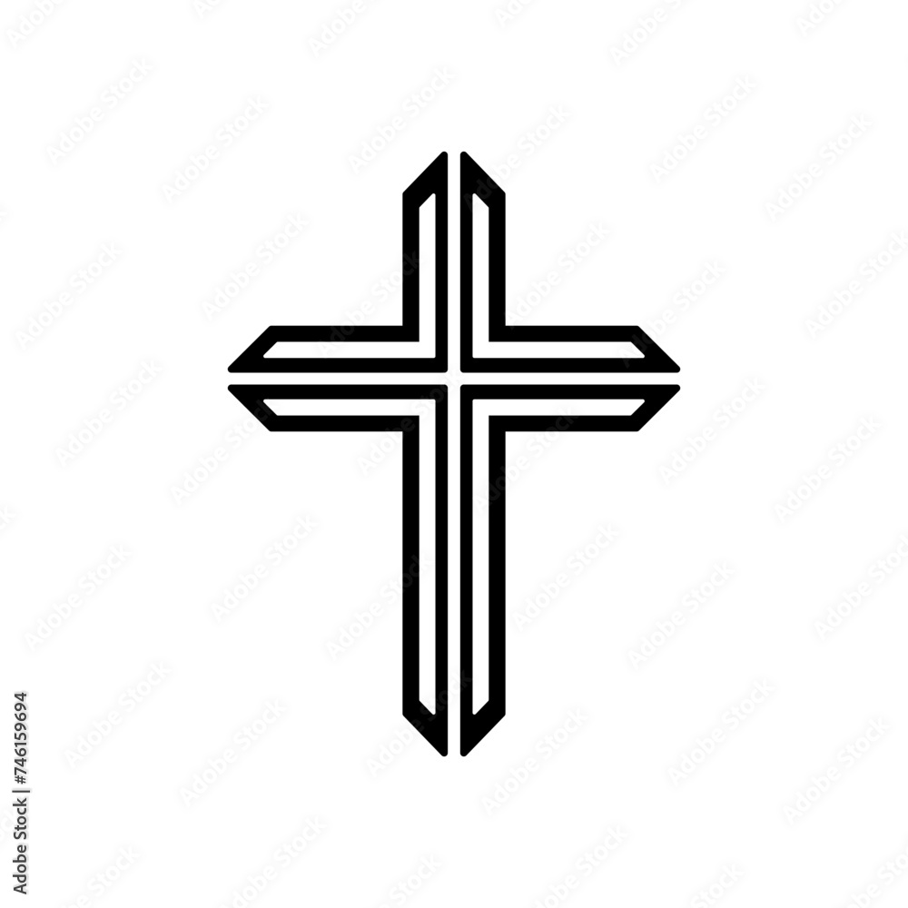 Black and gray Christian cross icon in flat design. Vector illustration. Abstract linear christian cross. Religion. Church, crucifix, god, catholic sign. Spirituality symbol.