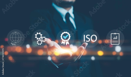 ISO standards quality control, Customer Satisfaction Guarantee concept on virtual screens, Standardization, iso certified .Certification and standardization process, Person show certificate icon.