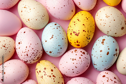 Assorted pastel-colored plastic Easter eggs with brown spots on a pink background