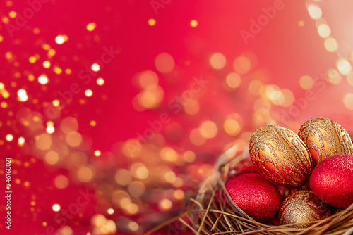 Red and Gold Easter Eggs on Red Background. Copy space