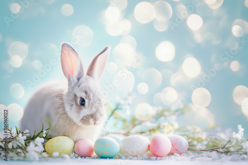 Adorable Bunny Poses Next to Easter Eggs on Soft Blue Background. Easter background