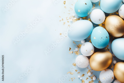 Beautifully decorated blue and gold Easter eggs on a serene blue backdrop. Top view