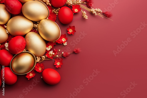 Elegant Red and Gold Easter Eggs on Solid Red Background for Festive Decor. Copy space