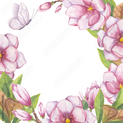 Pink magnolia round frame, place for text. Branch flower, buds, leaves, white butterfly. Blooming floral clipart. Hand drawn watercolor illustration isolated background. Botanical element for wedding