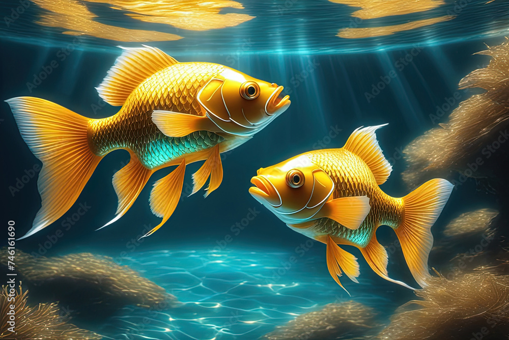 Fototapeta premium Two goldfish underwater, the light shimmers and plays underwater, realistic 3d illustration.