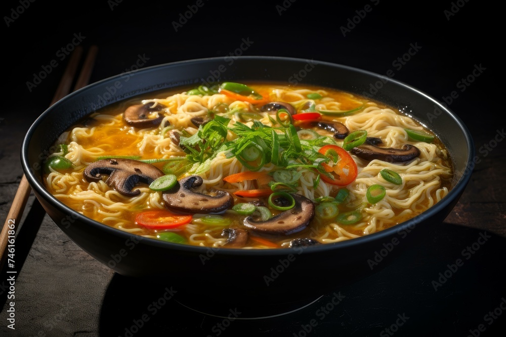 Savory Ramen noodle soup. Meal meat cooking. Generate Ai