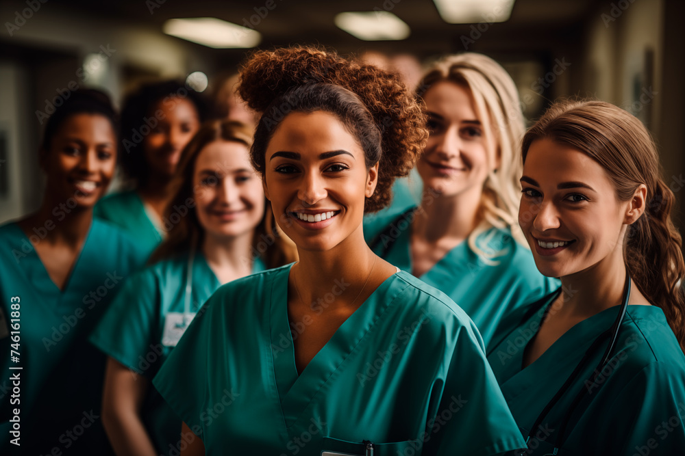 Fototapeta premium Portrait of a group of happy medical students nurses in the teaching hospital. Generative AI