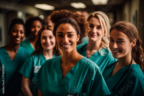 Portrait of a group of happy medical students nurses in the teaching hospital. Generative AI