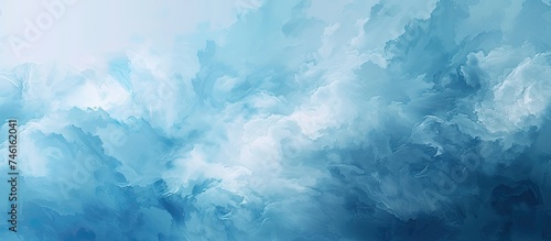 A painting depicting blue and white clouds in the sky, creating an abstract and serene atmosphere. The clouds are swirling and billowing against the blue sky, evoking a sense of movement and depth.