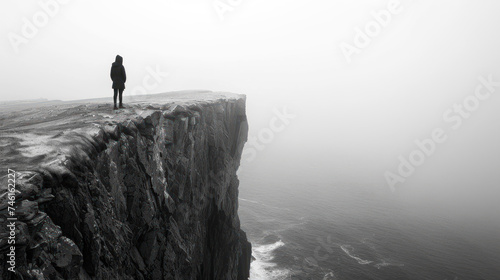 Dark Ocean Person on Top of Rock Beside Ocean  A Mysterious and Dramatic Image of a Person Facing the Sea