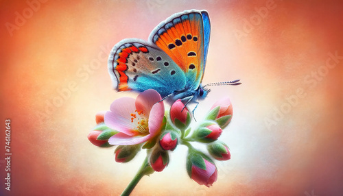 Elegant Butterfly on Flower Landscape in Peach Hues. Peach fuzz color of the year. 