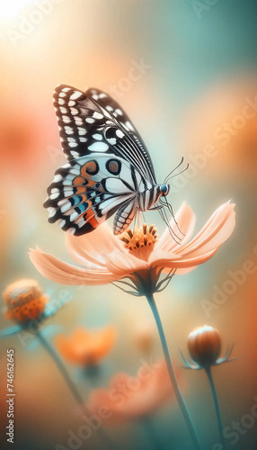 Dawn s Gentle Butterfly on Blossom in Peach Light. Peach fuzz color of the year. Vertical Portrait Wallpaper