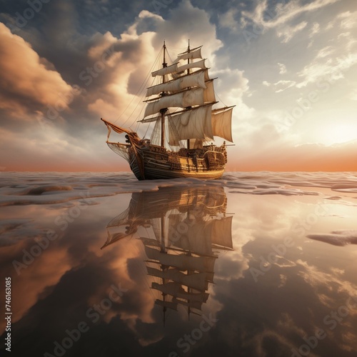 Majestic Sailing Ship at Sunset with Stunning Cloud Reflection on Calm Sea