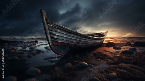 Majestic Sunset Seascape with Abandoned Wooden Boat on Rocky Shore