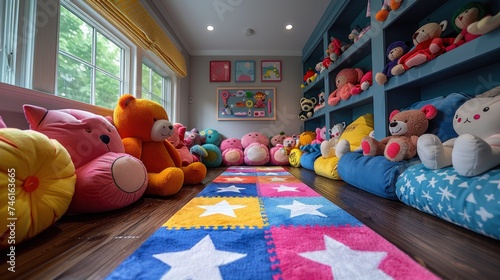 A range of cute  colorful stuffed toys brighten up kids  playrooms