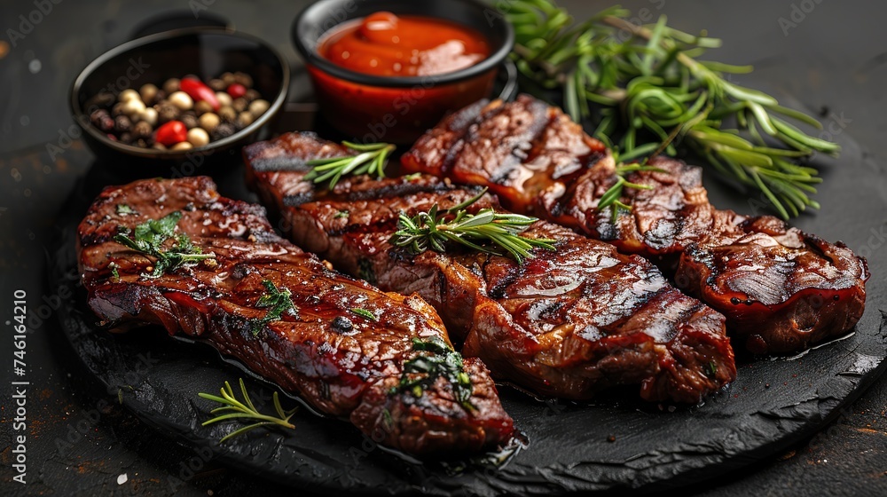 grilling steaks on flaming grill and shot with selective focus. Dark background grilling steaks on flaming grill and shot with selective focus. Dark background