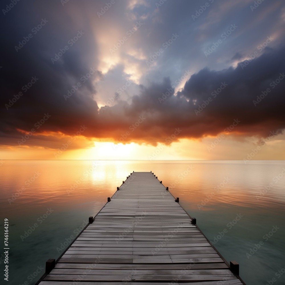 Serene Sunset Pier Over Tranquil Sea with Dramatic Sky Reflection