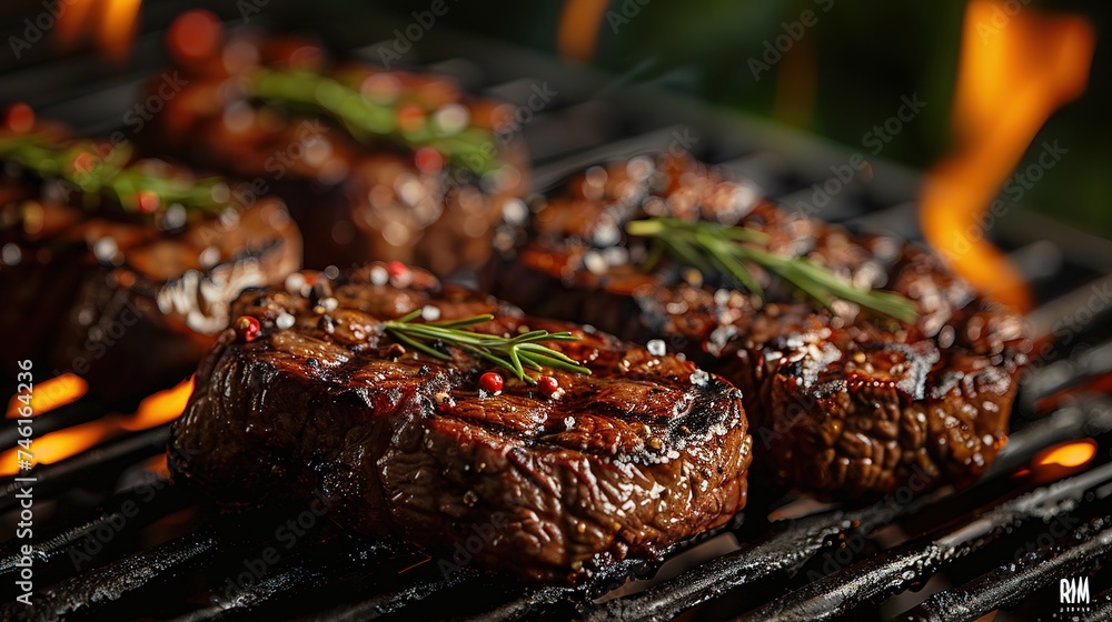 grilling steaks on flaming grill and shot with selective focus. Dark background - obrazy, fototapety, plakaty 
