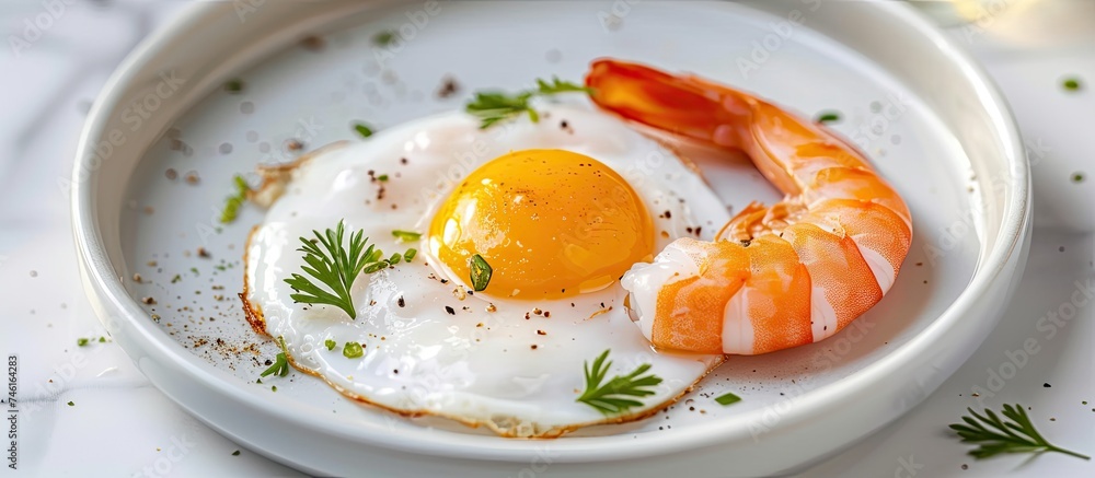 A white bowl containing a fried egg and shrimp, presenting a clean and simple food concept. The egg and shrimp are the main subjects, creating a visually appealing dish. A white bowl containing a fried egg and shrimp, presenting a clean and simple food concept. The egg and shrimp are the main subjects, creating a visually appealing dish.