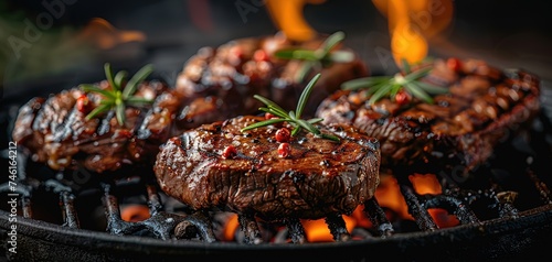grilling steaks on flaming grill and shot with selective focus. Dark background