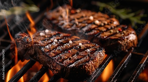 grilling steaks on flaming grill and shot with selective focus. Dark background