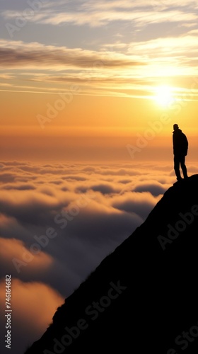 Silhouette of a Person Standing on a Mountain Peak at Sunrise Above Clouds