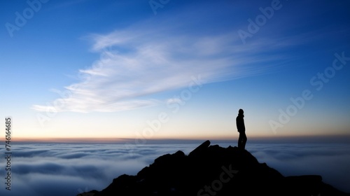 Contemplative Person Silhouetted Against Sunset Sky Above Clouds on Mountain Peak