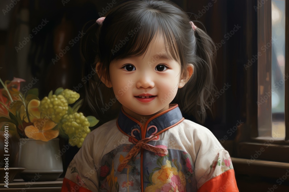 Joyful Realistic smiling Chinese little girl. Happy Korean girl with short dark hair. Generate ai Joyful Realistic smiling Chinese little girl. Happy Korean girl with short dark hair. Generate ai