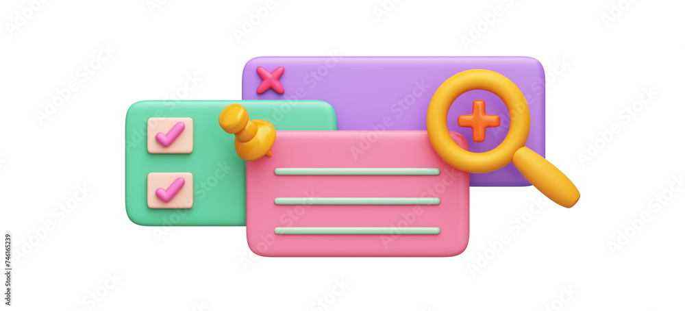 Fototapeta premium Cute file folder database or backup. Searching and storing documents online connect network. 3D Object magnifying glass, note paper computer data. 3D Illustration.