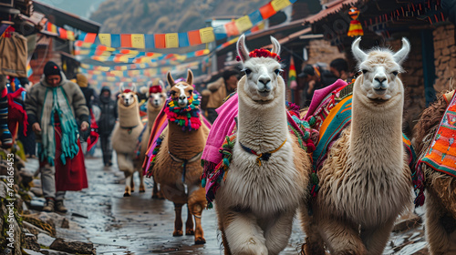Alpacas in Peruvian colorful ponchos in South America photo