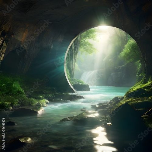 A magic portal to another world. The portal is in an abandoned cave with a river entering the cave. Sunlight. The portal is circular in front of the portal Generative AI