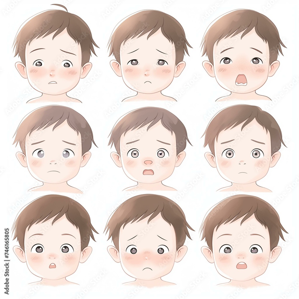 Set of Cute Cartoon Boy Faces Showing Different Emotions on White Background Set of Cute Cartoon Boy Faces Showing Different Emotions on White Background