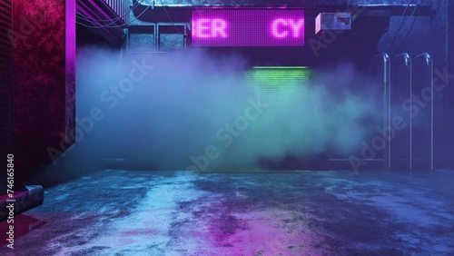 Cyberpunk  alley - night scene. Old urban street with building, wires, pipes, barrel, neon lights, signboard, flying smoke for sci-fi templates. 4k horizontal footage. 3d modern design in stock video.