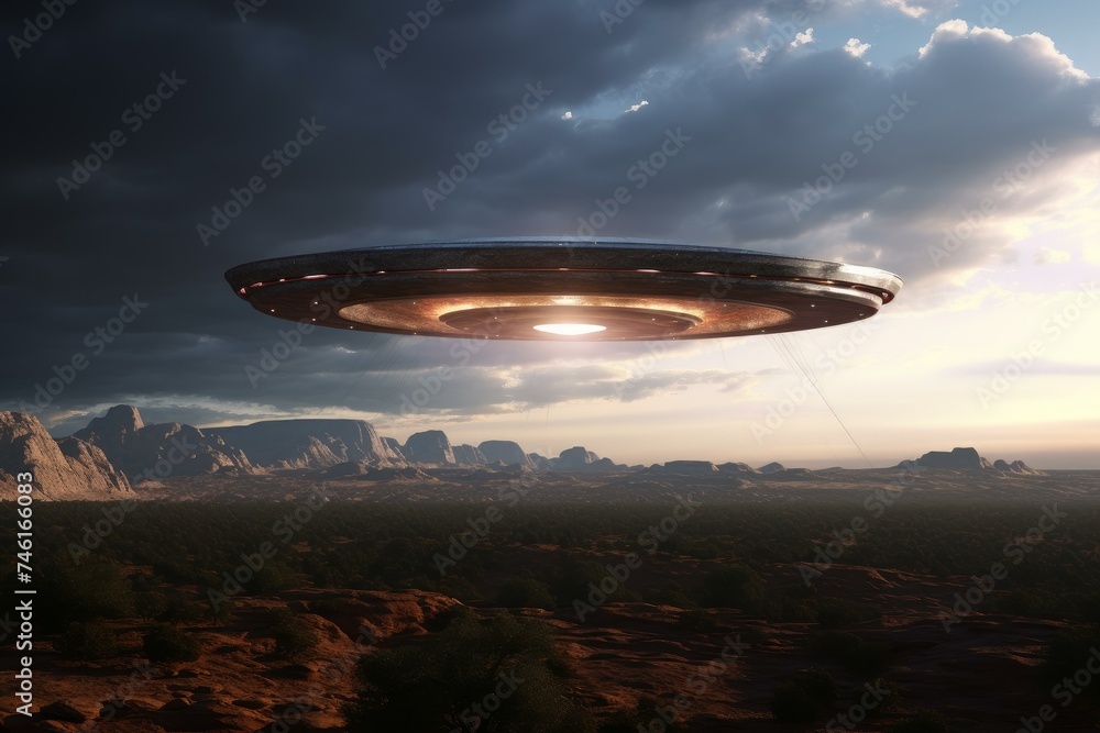 Mysterious Ufo neon ship. Star visitor wall. Generate Ai Mysterious Ufo neon ship. Star visitor wall. Generate Ai