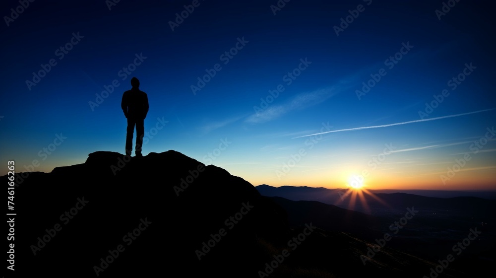 Serene Sunrise Vista with Silhouette of Person Standing on Mountain Top.