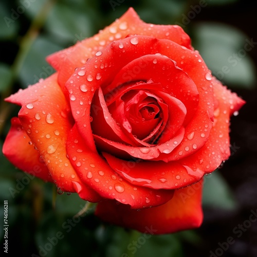 Vibrant Red Rose with Dew Drops Close-Up on a Rainy Day