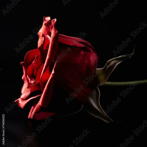 Elegant Red Rose Close-up on Dark Background, Dramatic Lighting